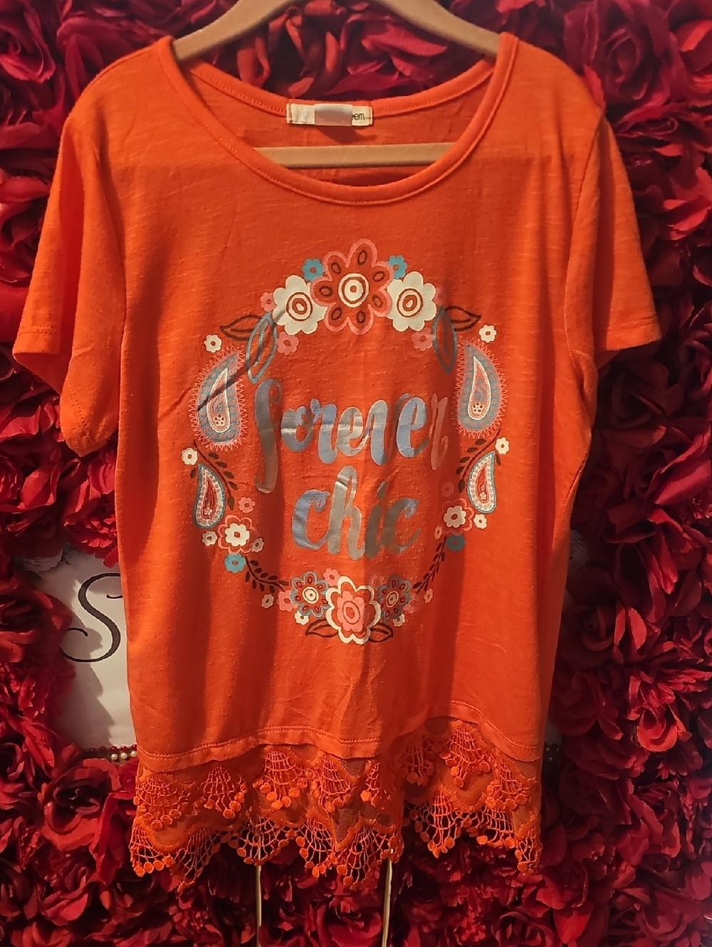 Self Esteem Girls Orange Tee with Floral Graphic  Lace Trim Size Large